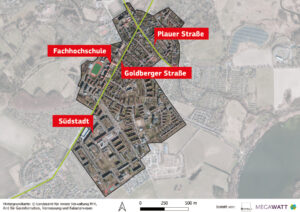 Karte der Güstrower Südstadt mit dem Gebiet des energetischen Quartierskonzepts